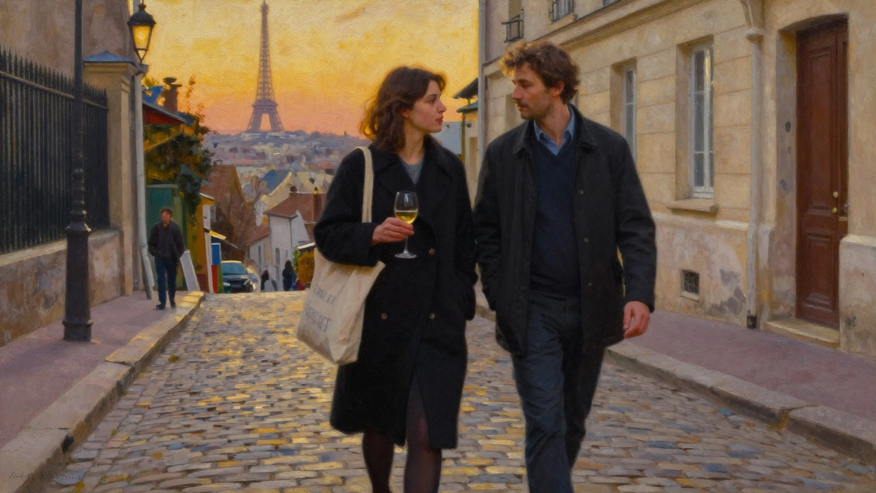 A woman walks with a man through Montmartre at dusk, sharing a quiet moment with wine.