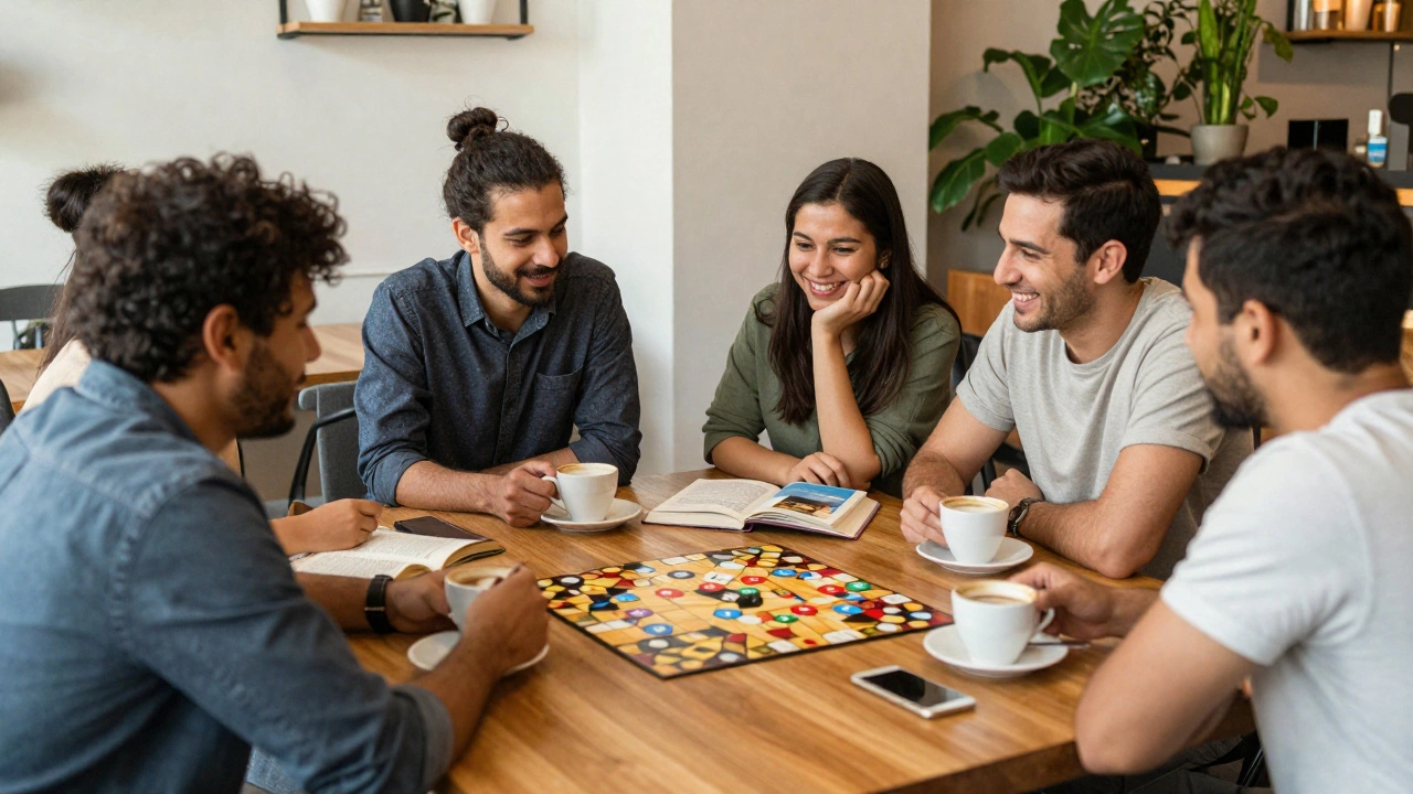 Diverse group of people laughing together in a cozy Dubai café during a meetup