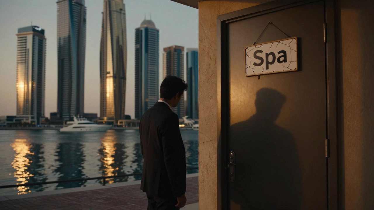 Dubai Marina skyline at dusk with shadowy figure outside a suspicious spa door