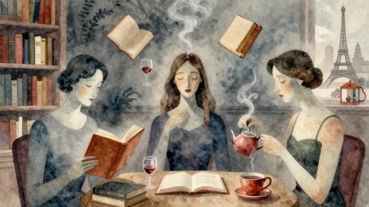 Three abstract figures in a library share a moment of connection through reading and tea.